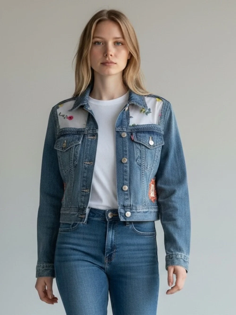 LEVI JEAN JACKET UPCYCLED with Floral Lace. HANDMADE Granny D Original OOAK MED - Picture 10 of 11